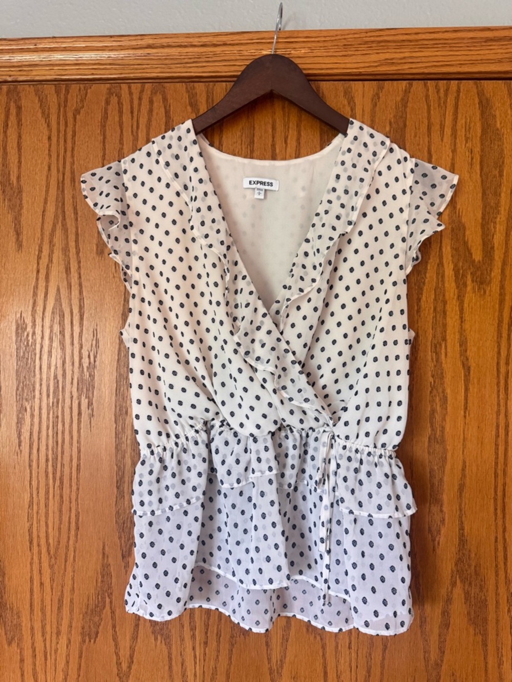 Express Cream Blouse with Black Polka Dots and Ruffle Wrap